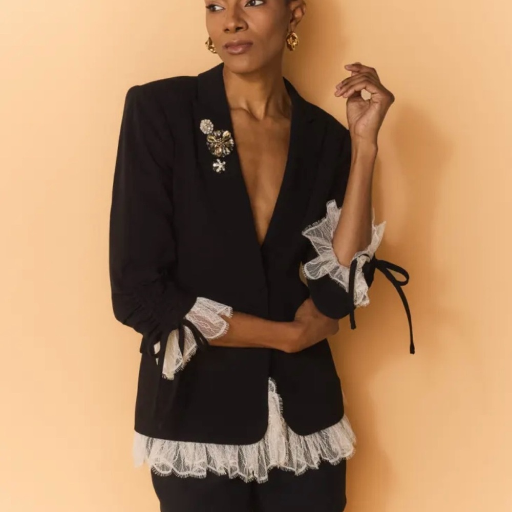 Cinq a Sept Black and White Ruffled Blazer